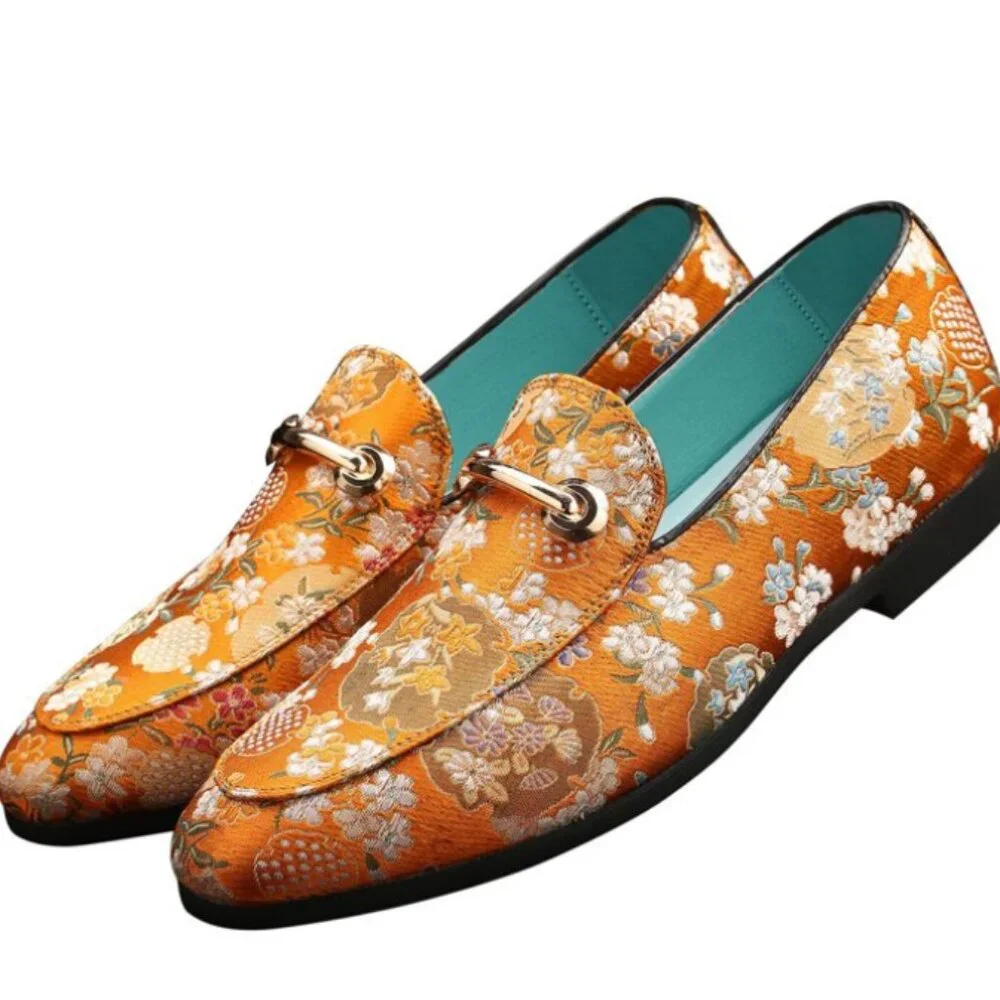 Santimon Men's US 12.5 Orange Floral Embroidery Loafers with Gold Buckle Stylish